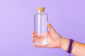 Minimalist glass bottle with cork stopper held by hand wearing white beaded bracelet against neutral background