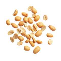 A top down view of a scattered pile of shelled peanuts against a plain black background in a studio shot