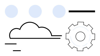 Cloud shape and gear surrounded by minimalist lines and circles. Ideal for cloud computing, automation, digital transformation, collaboration, innovation, optimization, simple landing page