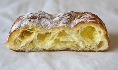 Custard-filled pastry, cut in half, on white cloth background, ideal for food blogs