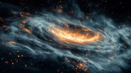 A celestial vortex swirls with smoky blues and radiant orange hues, cosmic dust and gas