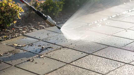 High Pressure Water Jet Cleaning Off Debris from Paved Surface with Stunning Detail and Clarity