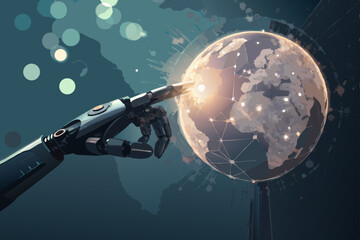 A futuristic cybernetic hand gently touches a shimmering holographic globe, displaying detailed geographical data; a subtle 'G' glows faintly.