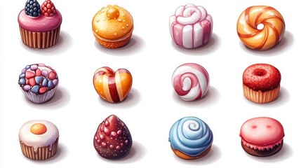 Assorted colorful cupcakes and candies in varied shapes and toppings, displayed in rows