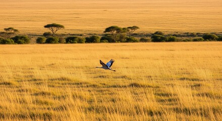 Obraz premium Vast African grasslands with a bird in flight. Captures the serene beauty of the golden plains. Perfect for nature or travel visuals.