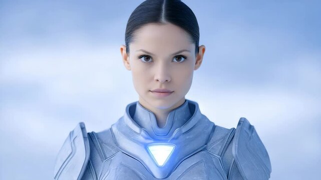 Futuristic Woman: A serene woman with dark hair, wearing a futuristic, light-grey suit with a glowing blue triangular emblem on her chest.