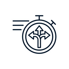 Stopwatch, arrows in different directions. Concept of Agile, control, flexibility. Vector linear icon isolated on white background.