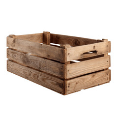 A rustic wooden crate with visible wood grain and a simple design against a transparent background studio shot