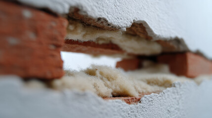 Close up of exposed wall cavity showing insulation and brickwork, highlighting poor sealing