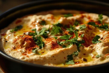 Creamy Hummus Served with Olive Oil and Fresh Cilantro Garnish