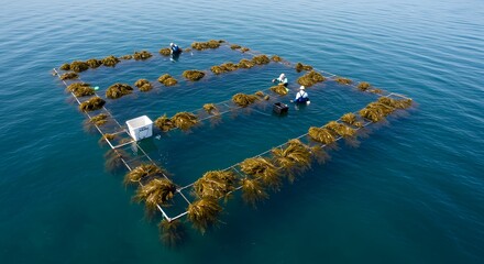 Workers Harvesting Seaweed in Ocean Seaweed Farming