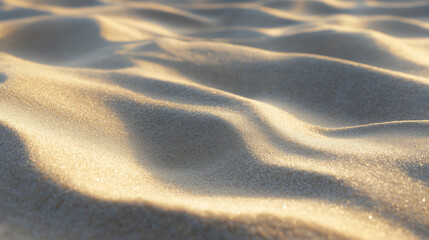 Fototapeta premium Close-up of soft sand dunes with gentle shadows and sunlight creating a wavy texture pattern. 