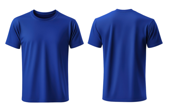 A blue t shirt shown from the front and back on a black background in a studio setting display