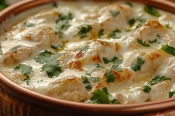 Creamy Baked Dish with Tender Dumplings and Fresh Green Herbs