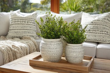 Outdoor living room decor with potted plants and patterned cushions