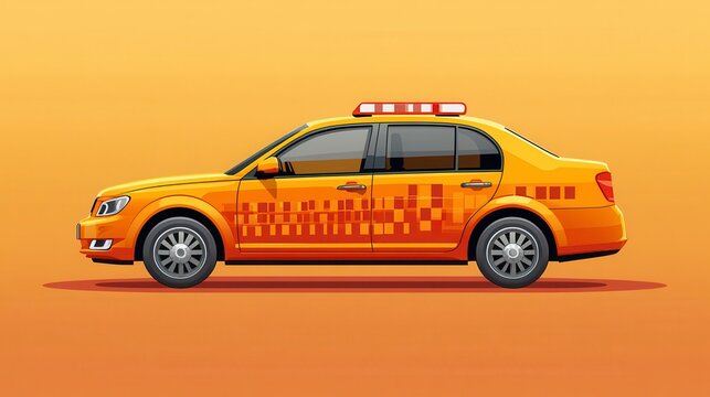 A yellow car features square patterns on its side, with a light bar on top