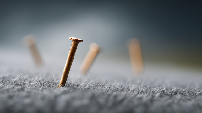 Close up of rusty nail partially embedded soft fabric surface, with several blurred nails