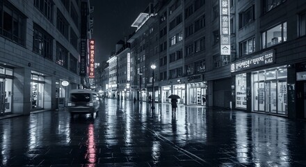 Naklejka premium Walking Down Rainy City Street at Night with Street Lights Reflecting