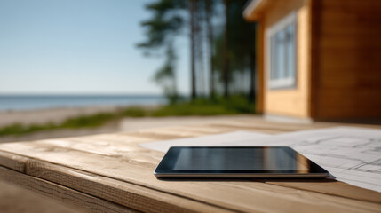 Digital tablet placed wooden table outdoors near house with view of beach and trees