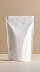 White stand-up pouch on beige background Mockup for branding design Free space for text or logo Showcase for product packaging