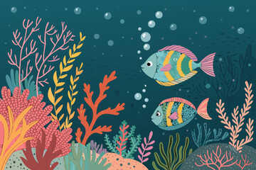 Obraz premium Whimsical hand-drawn doodle illustration of vibrant rainbow fish swimming amidst colorful coral reefs. Include seaweed and other marine life.