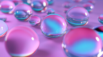 Colorful, translucent soap bubbles floating against a vibrant pink and purple abstract background.
