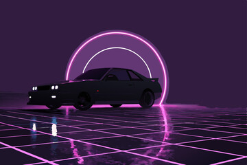 Create a minimalist silhouette of a JDM drift car, rendered in shades of pink and purple with a "neo-Tokyo" aesthetic.  Focus on clean lines and a dynamic pose. © adobe1 stock