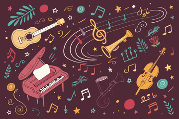 Whimsical hand-drawn musical background featuring vibrant, colorful instruments; playful doodles and musical notes.