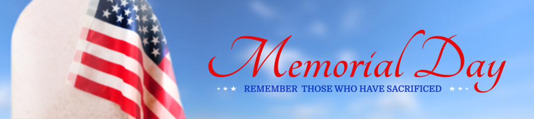 Fototapeta premium Blurred view of the cemetery and US flag on the lawn. Memorial Day background. 3d illustration