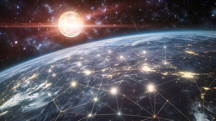 Global network connections over planet earth from space.