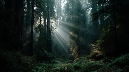 Sunlight streams through a Redwood forest canopy.