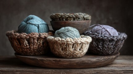 Yarn balls in knitted bowls on wooden boardShowcase of textured yarn, colors, and handcrafted bowls creating cozy, calm mood