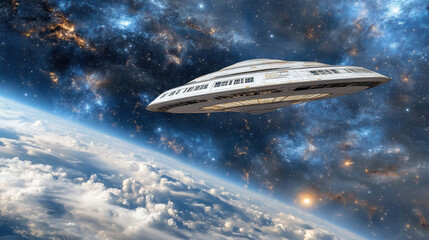 Obraz premium Massive spaceship hovers above Earth, surrounded by stunning cosmic backdrop