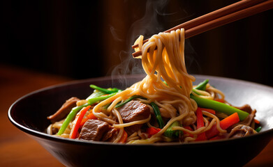 Steaming bowl of stir-fried noodles with vegetables and beef being lifted with chopsticks in warm lighting.
