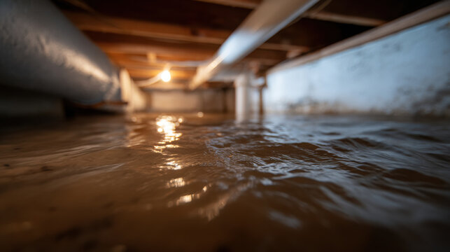 Water pooled in crawl space under pipes, causing concern about moisture and potential damage