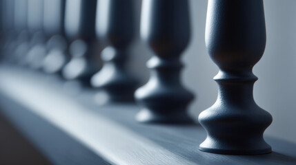 Close up of black wooden balusters staircase railing, focusing spacing and design, creating