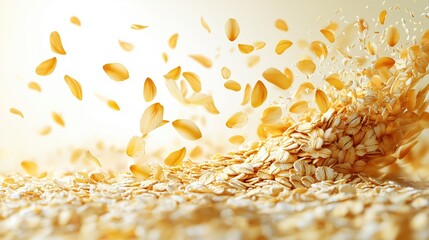 Golden Oat Flakes in Dynamic Motion: A Vivid and Appetizing Scene
