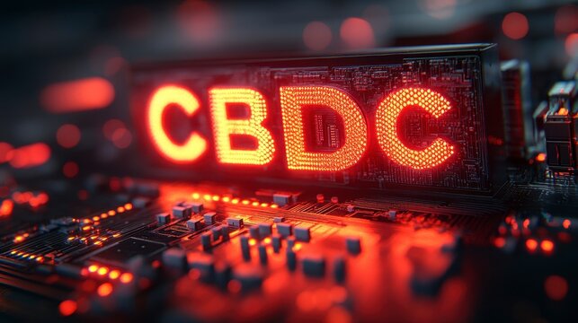Glowing "CBDC" text on circuitry
