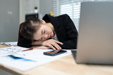 A stressed businesswoman sits alone in an office, overwhelmed by deadlines and corporate pressure,...