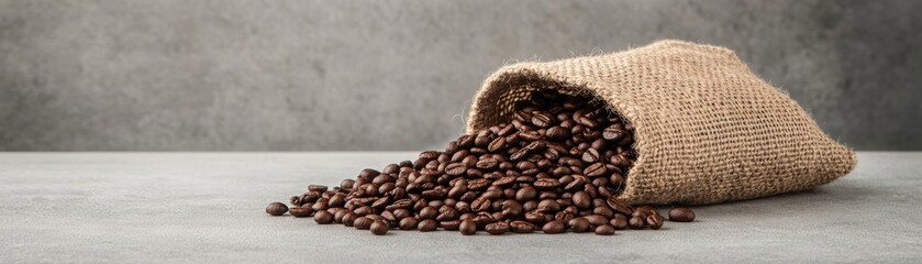 A burlap sack spills roasted coffee beans onto a gray surface with a minimalist background.