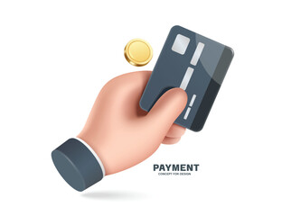 Left hand hold black credit card to pay for purchases or transfer money to pay for various services, vector 3d illustration isolated for financial, online shopping concept design, vector minimal style
