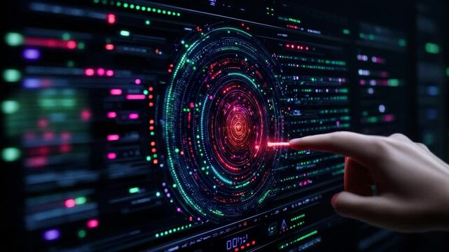 Digital Interface:  A Hand Interacts with a Futuristic Interface