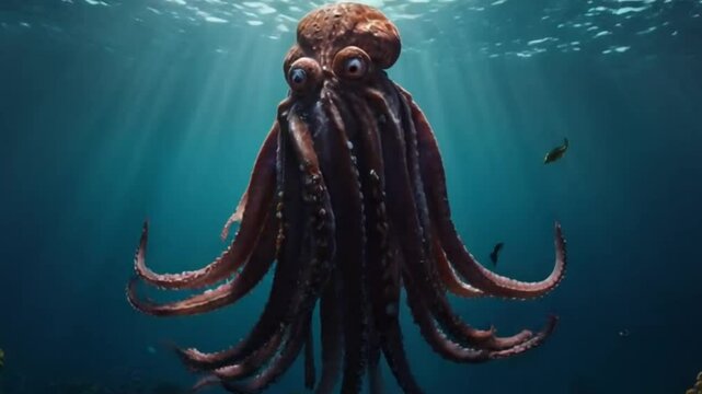 Giant Pacific octopus underwater, sunbeams, ocean floor