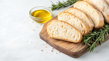 Fresh sourdough bread slices on rustic wooden board with olive oil and rosemary