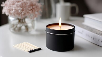 Lit candle in black tin, next to matches and dried flowers, creating a calm and relaxing atmosphere, showcasing a simple yet elegant scene