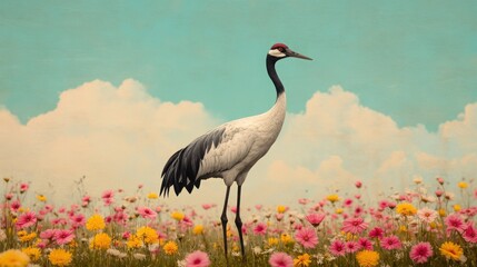 Obraz premium A crane stands gracefully among colorful wildflowers under a bright sky with scattered clouds.