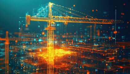 Fototapeta premium Digital Construction: Crane and futuristic building model