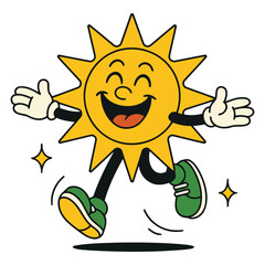 Smiling Sun Cartoon Character with Open Arms and Sparkles