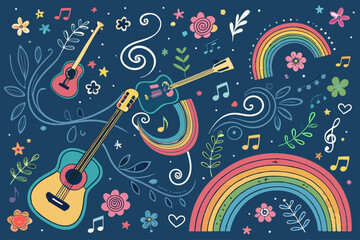 Fototapeta premium Generate a vibrant illustration of whimsical music doodles, featuring dancing musical notes in a rainbow color palette. Include playful, energetic designs.