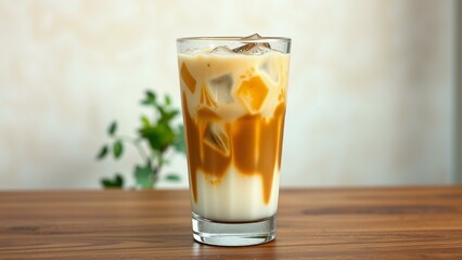 Milk Coffee Latte on Wooden Table with Beautiful Espresso Layers � Refreshing Cold Drink Photo for Restaurant Marketing, Cafe Menus, and Beverage Blog Features